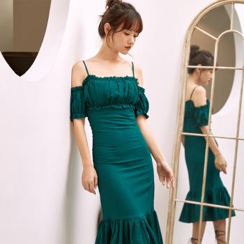 奈良綠色連衣裙魚尾裙中長款修身女夏季裙子顯瘦沙灘裙度假一字領