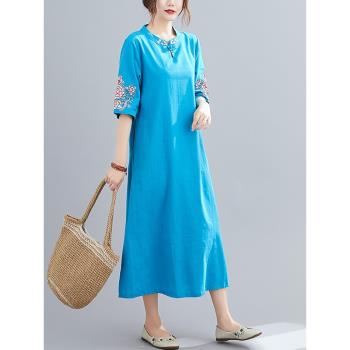 女裝夏季復古中式棉麻連衣裙刺繡