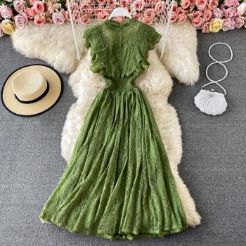 春秋圓領連衣裙優雅大擺禮服蕾絲