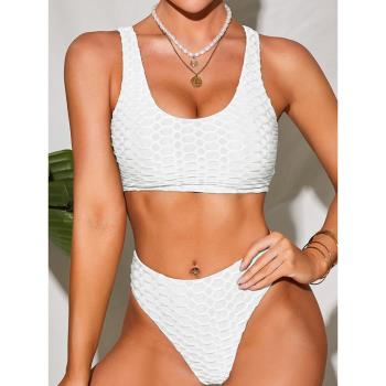夏季新款純色格紋工字比基尼套裝女歐美熱款沙灘度假中腰分體泳衣