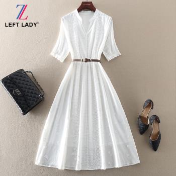 夏裝新款氣質優雅高端女裝中長款收腰大擺裙白色短袖蕾絲連衣裙子