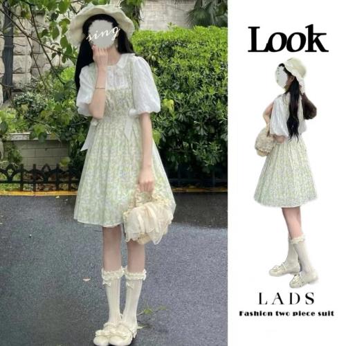 少女雪紡公主裙夏季碎花假兩件