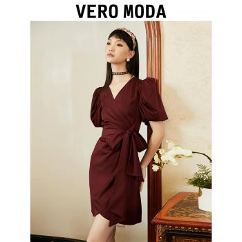 Vero Moda奧萊秋冬新款復古法式優雅通勤黑色時尚氣質V領連衣裙子