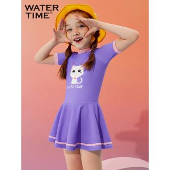 WaterTime兒童泳衣2023可愛貓咪女孩連體裙式公主風連體泳衣小童