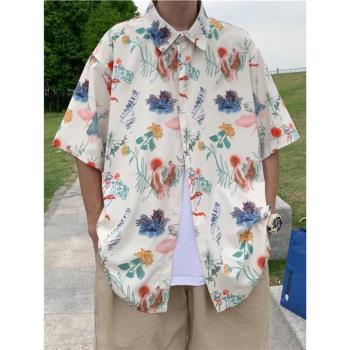 古巴領花襯衫短袖男夏季薄款冰絲速干襯衣夏威夷海邊度假7七分袖