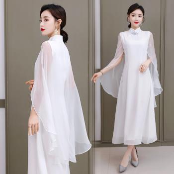中式夏季女改良禪意中國白色披肩仙氣質改良漢服復古絲麻連衣裙