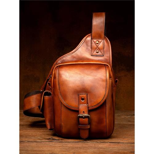 慢時光復古潮手工擦色真皮胸包男士頭層植鞣牛皮胸包休閑單肩挎包