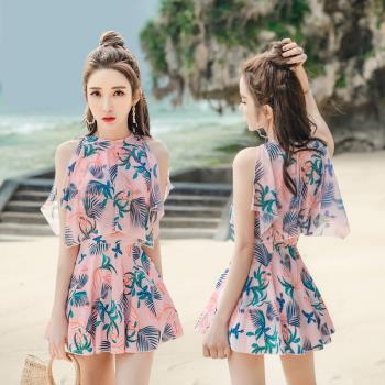 泳衣女新款時尚印花韓國小清新遮肚顯瘦連體裙式超仙沙灘溫泉泳裝