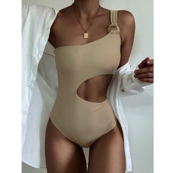 2021年夏季新氣質單肩無袖連體顯瘦泳衣網紅同款比基尼含胸墊女式