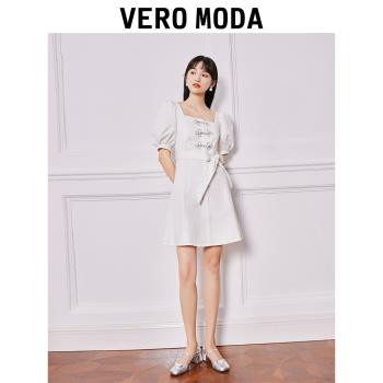 Vero Moda奧萊夏季清倉優雅淑女方領氣質泡泡袖牛仔連衣裙子短袖