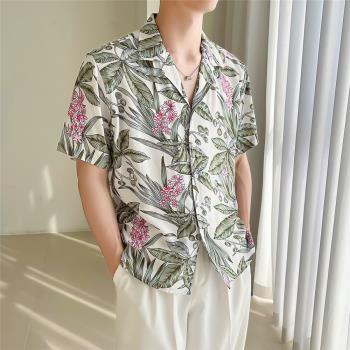 輕熟風夏季新款短袖古巴領寬松落肩襯衫男夏威夷風冰絲垂感花襯衣