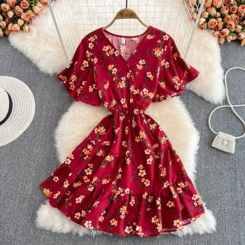 小清新復古紅色雪紡夏季連衣裙