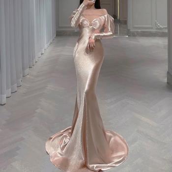 【女神婚紗禮服】 高檔進口緞迷人香檳長袖晚禮服