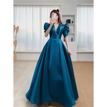 【女神婚紗禮服】 高端泡泡袖藍色設計年會宴會晚禮服 藍公子