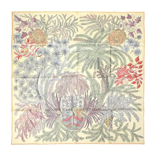 Hermes 愛馬仕 Le Jardin des Peintres 畫家花園 90 真絲雙面用方巾(香草/杏仁綠/珊瑚紅)