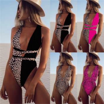 歐美新一體式比基尼連體泳衣bikini豹紋鏤空綁帶連體衣沙灘bikini