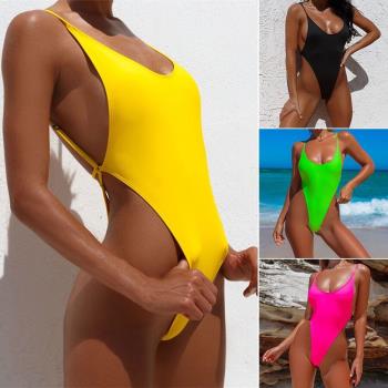 2019新款女士熒光連體泳衣純色性感露背一體式高叉比基尼Bikini
