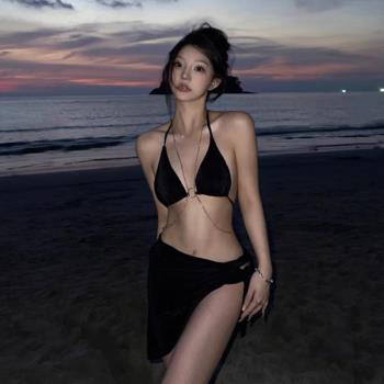黑色鏈條泳衣三件套罩裙遮肉純欲網紅ins性感沙灘比基尼三亞度假