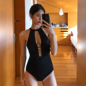 韓國ins復古法式性感純欲黑白色連體泳衣女遮肚顯瘦露背溫泉泳裝