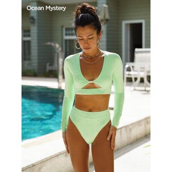 OceanMystery新款高腰運動長袖 泳衣女 沖浪溫泉海島度假保守泳裝