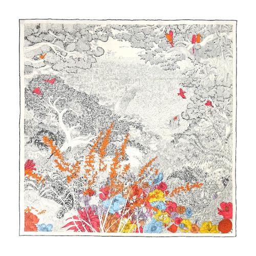 Hermes 愛馬仕 Retour a la Nature 140 cm手工捲邊喀什米爾與真絲混紡方巾(白/黑)