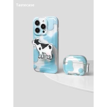 Tastecase藝術可愛藍色奶牛適用蘋果iPhone14ProMax手機殼支架卡通13清新12創意11防摔小眾保護殼
