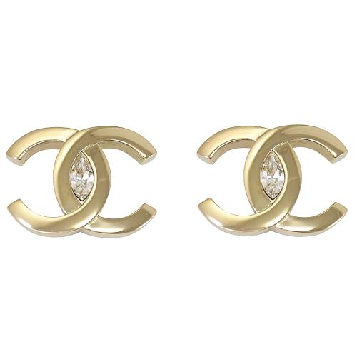 CHANEL ABA654 品牌雙C LOGO水晶鑽針式耳環.淡金