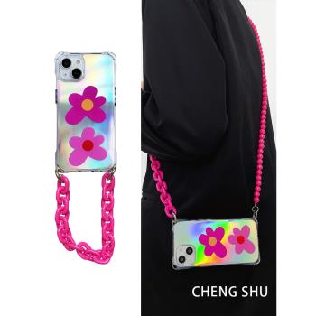 iphone14plus斜挎手機殼粉色花朵適用蘋果13promax手機套鏈條單肩可背mate40pro透明全包鏡頭11腕帶手提8p女
