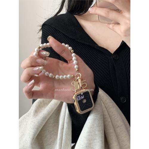 小香風高級珍珠掛鏈金屬表帶適用于s10蘋果iwatch89代76543通用SE