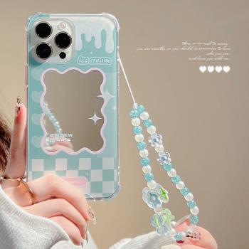 適用蘋果13promax鏡面手機殼iPhone11防摔矽膠12日韓趣味鏡子7 8plus手鏈格子xr少女夏新款mini甜美ins清新se