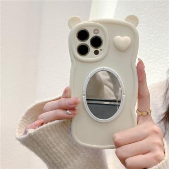 小熊耳朵iphone15/16pro鏡子手機殼立體愛心蘋果13/11適用12粉色保護套全包矽膠套14promax卡通波浪邊新款女