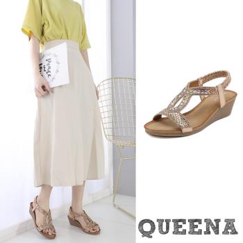 【queena】涼鞋 坡跟涼鞋/輕奢華麗亮片彩鋯民族風造型坡跟涼鞋 金