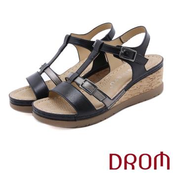 【DROM】涼鞋 坡跟涼鞋/時尚歐美拼接飾帶皮帶釦飾造型復古厚底坡跟涼鞋 黑