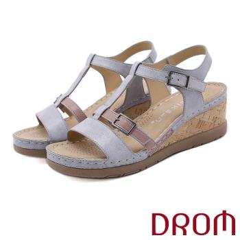 【DROM】涼鞋 坡跟涼鞋/時尚歐美拼接飾帶皮帶釦飾造型復古厚底坡跟涼鞋 灰