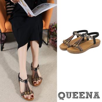 【QUEENA】涼鞋 平底涼鞋/復古民族風手工串珠縷空線繩造型平底涼鞋 黑
