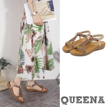 【QUEENA】涼鞋 平底涼鞋/復古民族風手工串珠縷空線繩造型平底涼鞋 杏