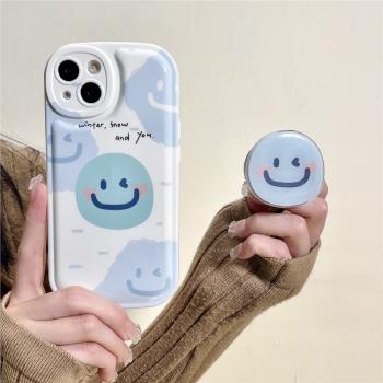ins新款涂鴉天藍色笑臉支架適用于蘋果12手機殼iPhone14Pro簡約11ProMax情侶XS小眾8Plus潮牌XR防摔氣墊護套