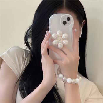 新款蘋果14promax全包鏡頭手機殼ins風鐳射珍珠花支架手鏈iPhone12pro高級xsmax小眾11時尚13女神款xr適用于