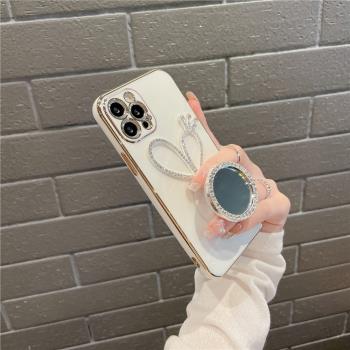倚樓 補妝鏡子支架適用iPhone16/14/13pro手機殼蘋果11/12直邊15promax電鍍軟矽膠軟邊全包女高級防摔保護套
