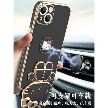 旋轉支架Kitty貓補妝鏡面適用蘋果16pro手機殼iPhone16promax電鍍矽膠15promax磁吸車載14pro高階感12女13潮x
