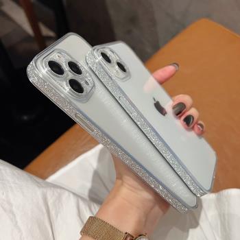 銀色閃粉邊框適用蘋果16promax手機殼iPhone15奢華亮晶晶12pro網紅女14plus全包鏡頭13max透明玻璃保護套新款