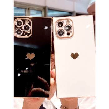 直角邊方形電鍍小愛心適用iphone16手機殼15proMAX簡約蘋果13鏡頭全包12個性14pus軟矽膠套8P高檔網紅7奢華女