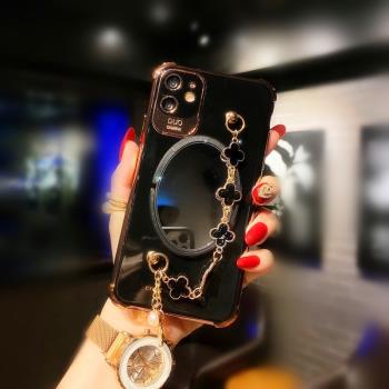 電鍍珍珠鏈適用12/11ProMax蘋果XS手機殼13鏡子iphone14支架XR女