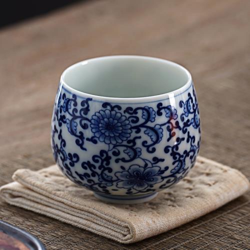 青花瓷茶杯個人專用主人杯陶瓷功夫茶具品茗杯纏枝蓮山水白瓷單杯|茶杯