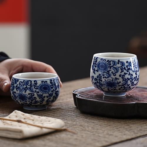 青花瓷茶杯個人專用主人杯陶瓷功夫茶具品茗杯纏枝蓮山水白瓷單杯|茶杯