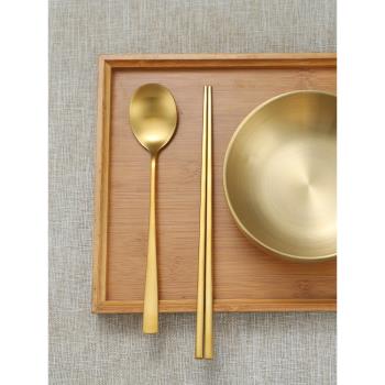 金色韓國啞光磨砂筷子304不銹鋼防滑韓式餐廳餐具加厚實心扁筷子