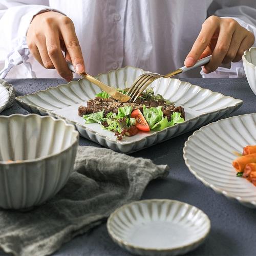 日式菊皿陶瓷餐具多人食套裝窯變釉陶瓷盤家用米飯碗方形菜盤子|餐具/餐