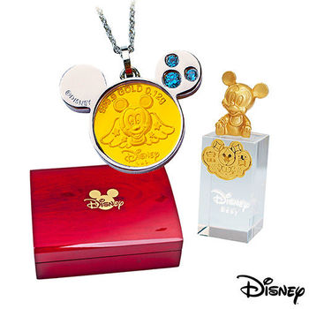 Disney迪士尼金飾 可愛天使米奇黃金/白鋼項鍊+米奇水晶印章木盒