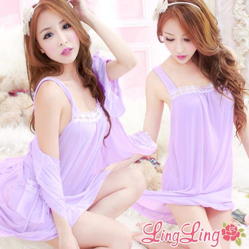 lingling日系 全尺碼-浪漫綺想睡裙+罩衫睡袍二件式睡衣組(優雅紫)A1542-03