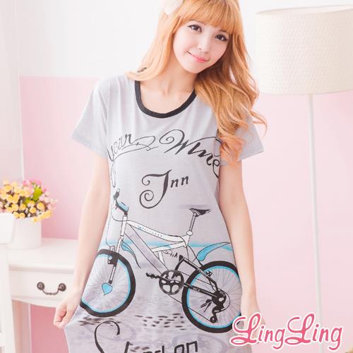 lingling日系 全尺碼-腳踏車圖案T恤連身睡衣(俏麗黑)A1518-02